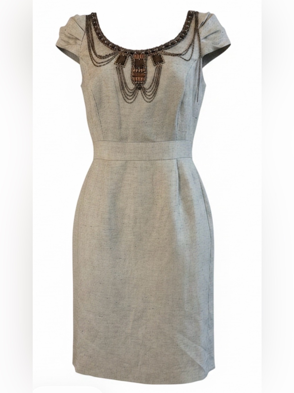 Antonio Melani Embellished Beaded Chain Neckline Linen Blend Dress Size 0 Tan